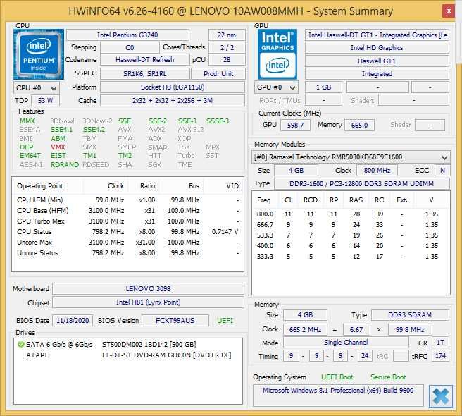 Lenovo Think Centre E73 Intel Pentium G3240 3,1GHz 500GB/4GB/WIN8