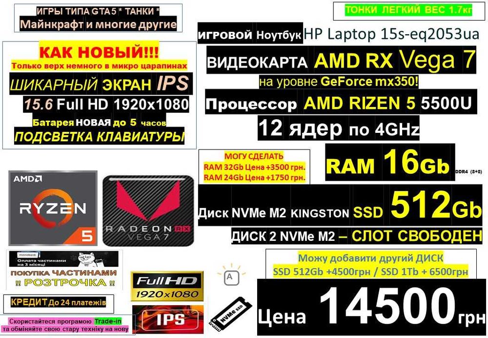 99+ Ноутбуківℹ️Traid-In‼️HP IPS‼️Ryzen 5‼️RX VEGA 7/SSD 512Gb/RAM 16Gb