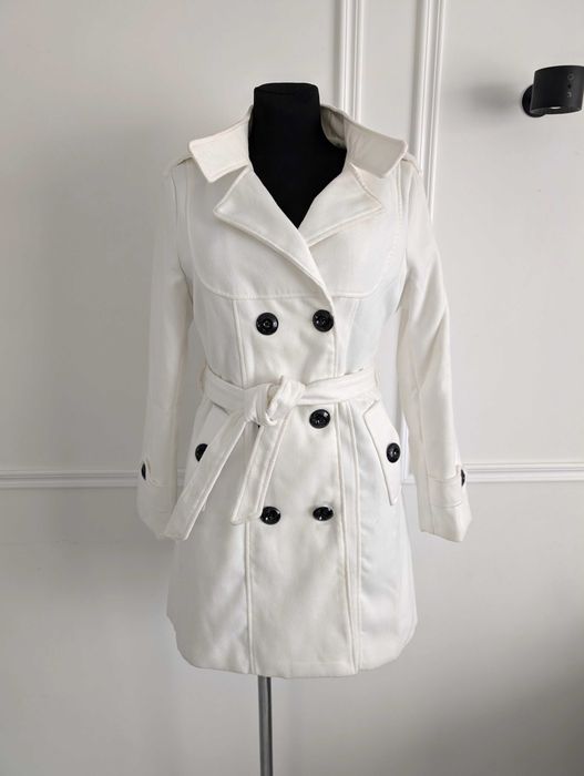 Biały przejściowy płaszcz trencz Classic Fashion M – nowy z metką