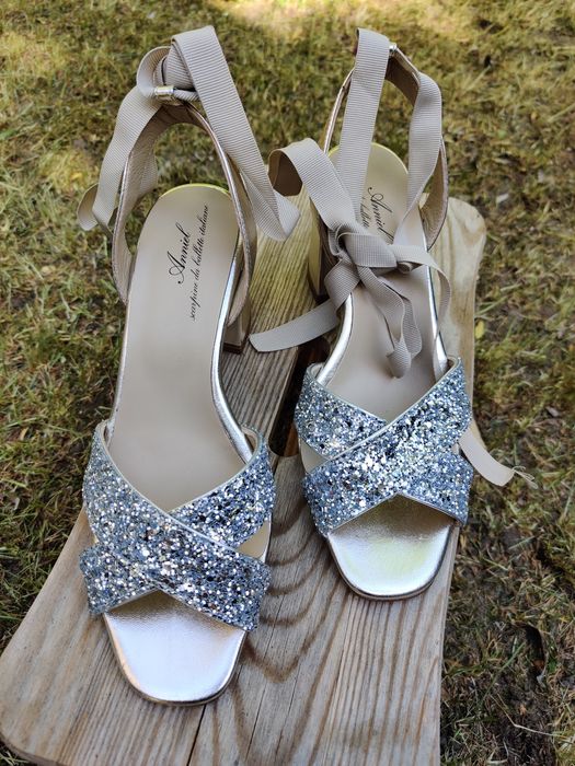 Anniel 38 ślub wesele srebrne brokat sandały obcas wiązane