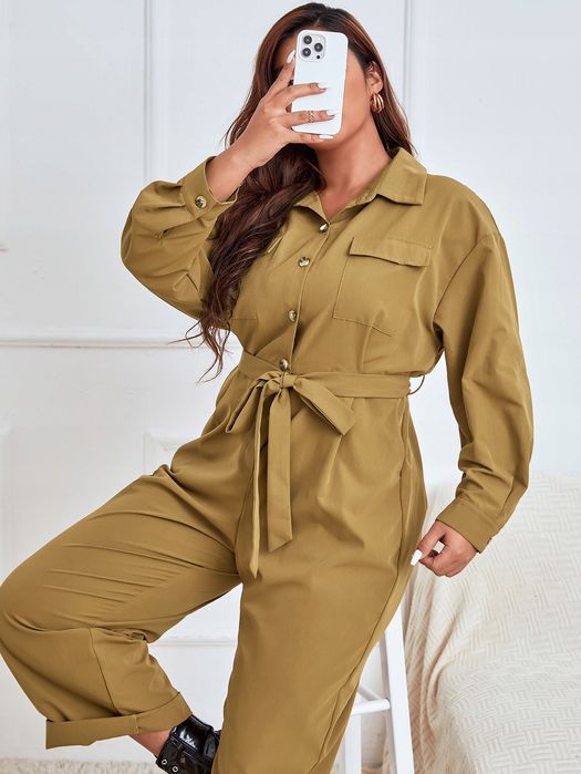 Kombinezon Koszulowy Z Kieszeniami Brązowy Casual Shein Xxl 44