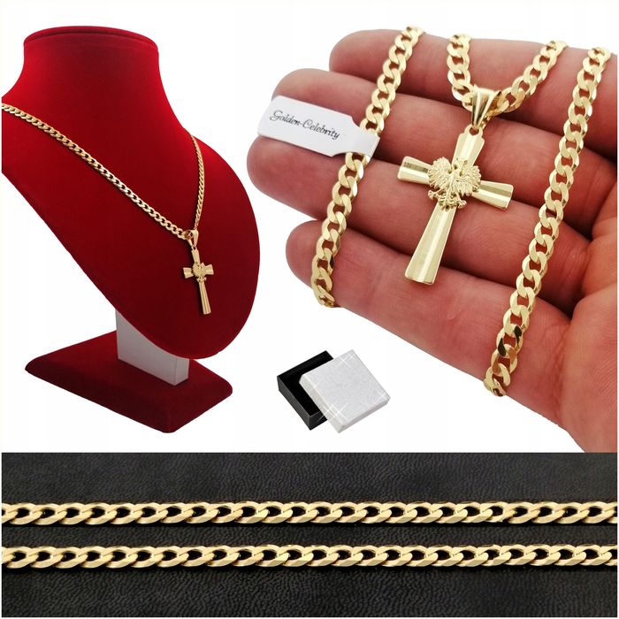 Męski Elegancki Łańcuszek + Zawieszka Krzyż Srebro 925+złoto 585 Certy