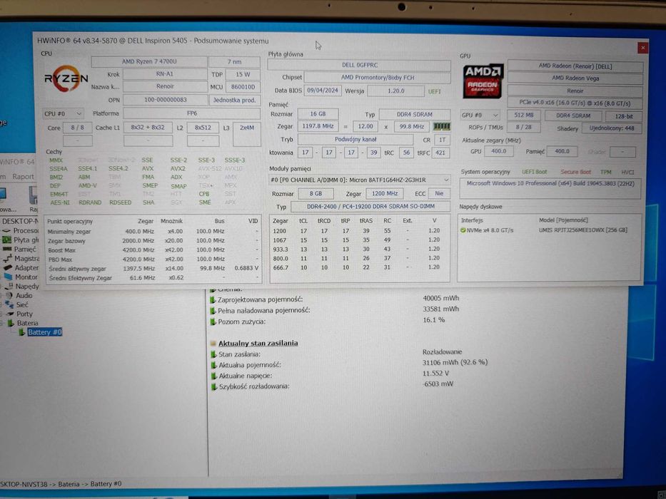 Dell Ryzen7 8-Core. Backlit. FHD IPS. NVME. 16 DDR4. 6 Godzin bateria