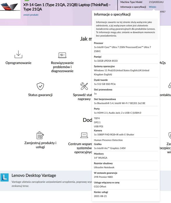 Lenovo ThinkPad X9-14 G1 Aura Ultra 7 258V 512/32GB OLED win 11 pro
