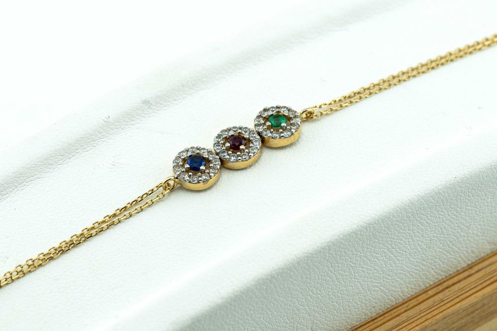 Śliczna modna bransoletka z kolorowymi cyrkoniami złoto 585 18,5cm