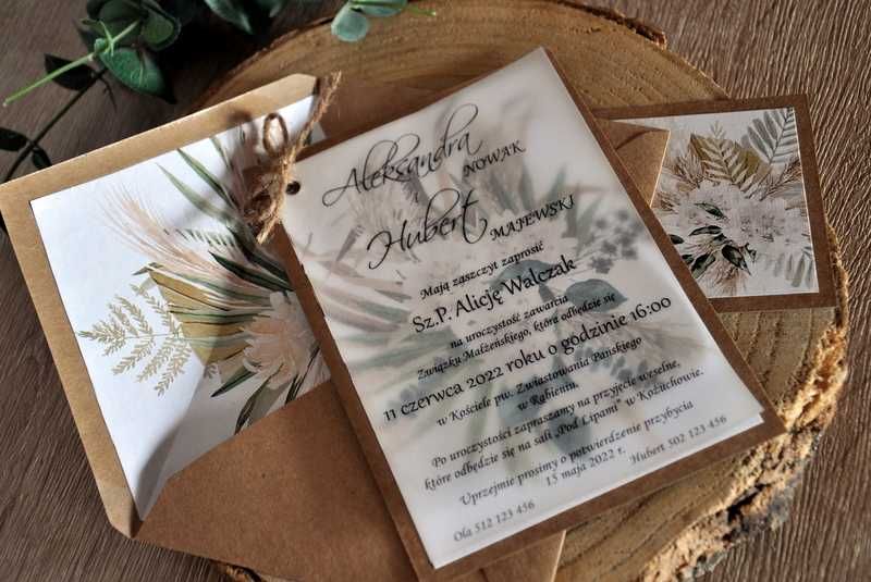 Zaproszenie, kalka, na podkładach, Boho, Rustykalne Trawy, Ślub