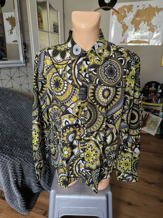 HISDERN Męska koszula długi rękaw wzór casual L kwiaty żółta brąz impr