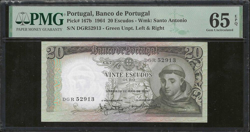 Nota de 20 Escudos 1964 Certificada PMG 65 EPQ