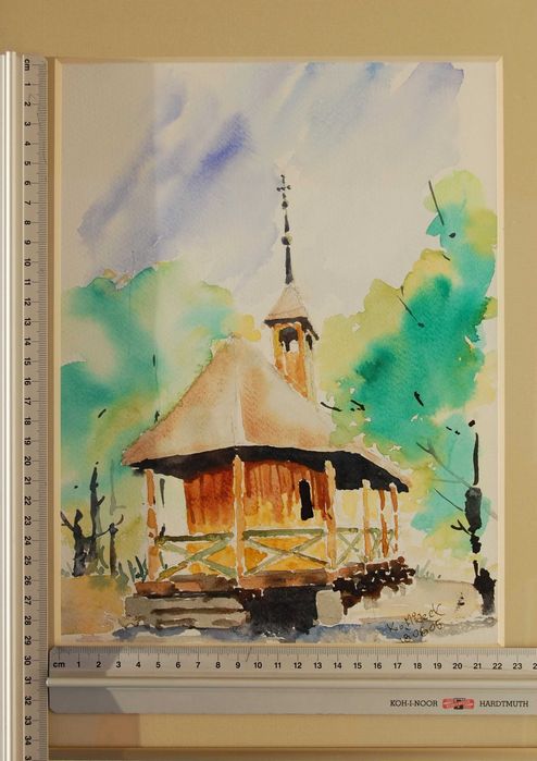 Krzysztof Miazek, architektura drewniana, cerkiew, akwarela