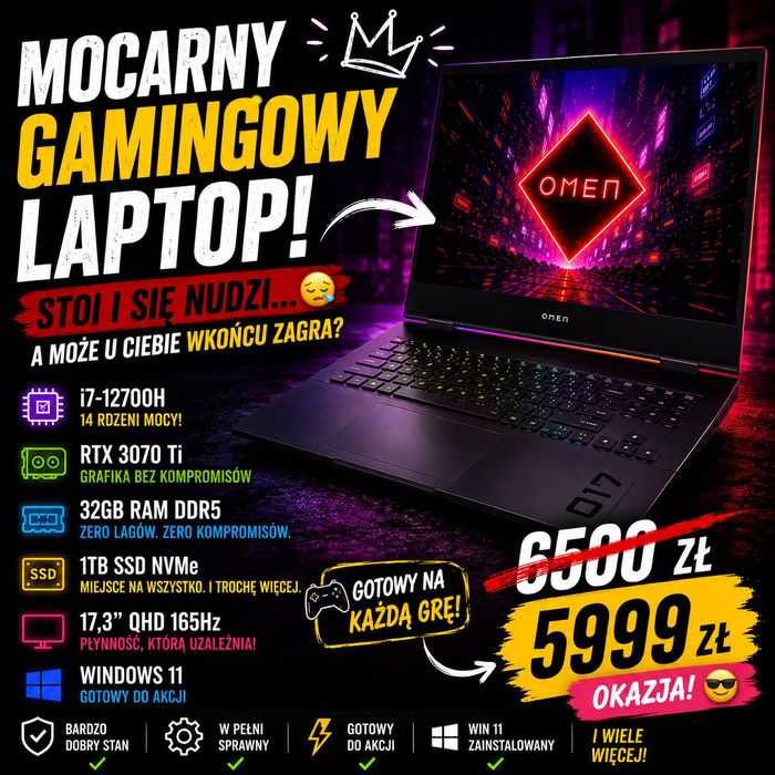 Laptop gamingowy HP OMEN 17; 17,3" 165Hz i7-12700H 32GB RAM 1TB Dysk SSD RTX3070Ti
