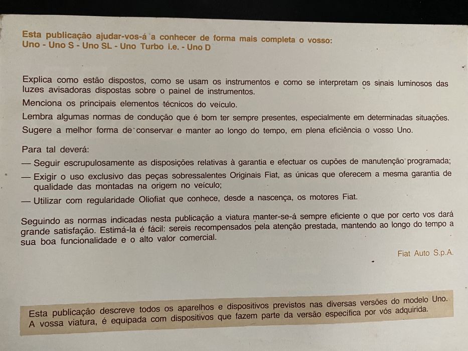 Manual antigo Fiat Uno