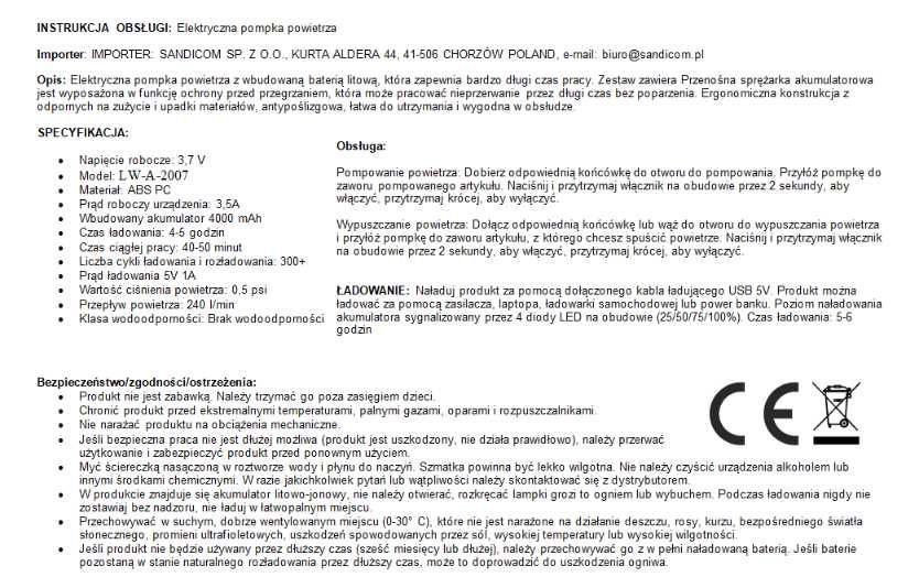 Elektryczna pompka do materaca piłki basenu akumulatorowa usb