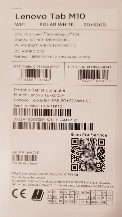 Tablet Lenovo M10 HD + capa e película