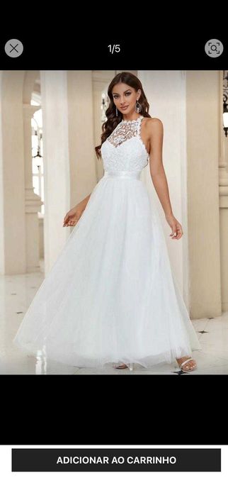 Vestido de renda e sobreposição de malha, branco, elegante.