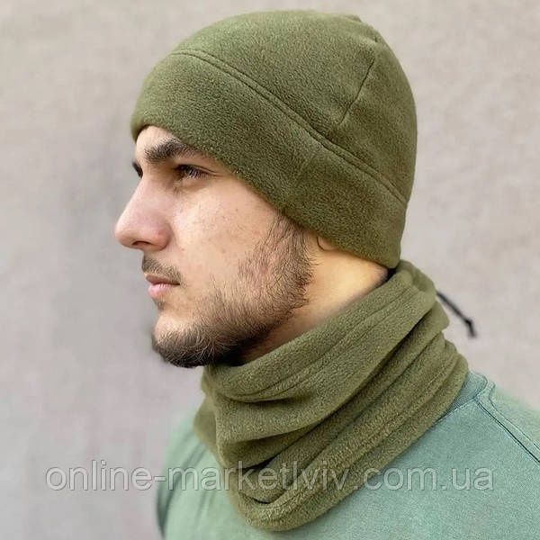 Комплект зимовий флісовий бафф та шапка Олива