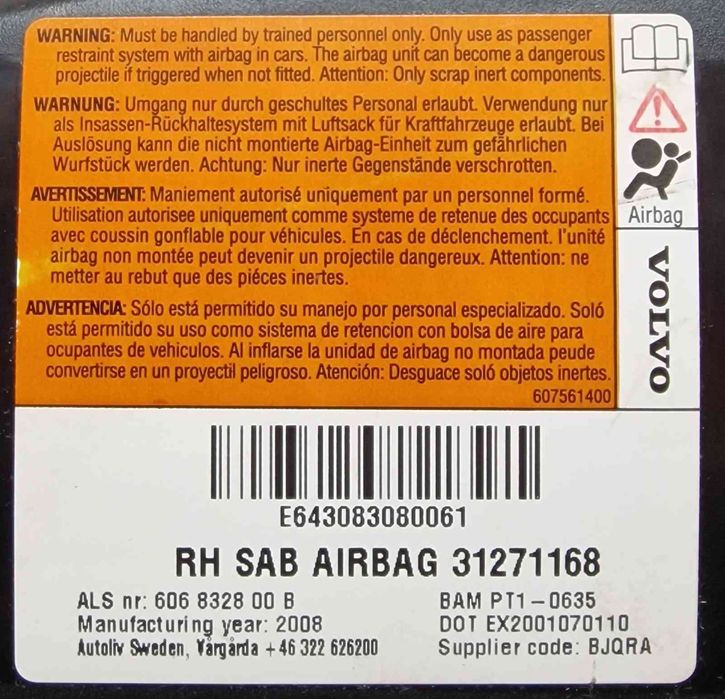 Airbag Banco Direito 31271168 - VOLVO XC60 I SUV
