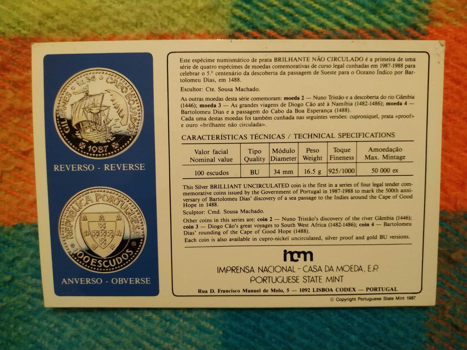 Portugal - moeda em prata de 100 escudos de 1987 Gil Eanes