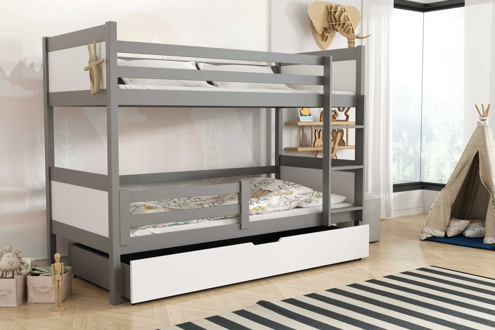 Piętrowe łóżko dziecięce LEON - drewno sosnowe - szuflada