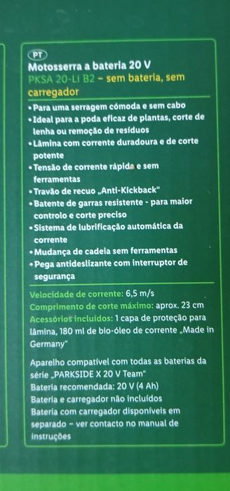 Motosserra com bateria de 4Ah Parkside 20V
