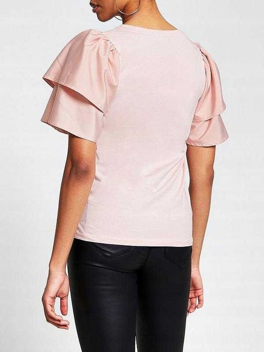 Bluzka River Island różowa z nadrukiem bufiaste rękawy r. 34/36