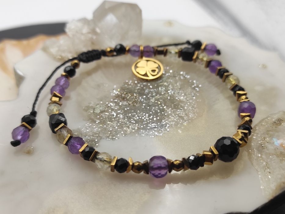 Bransoletka sznureczek kamienie naturalne Turmalin / Ametyst / Cytryn