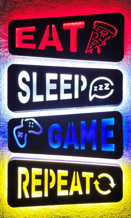 Декоративные деревянные таблички EAT / SLEEP / GAME / REPEAT
с LED-под