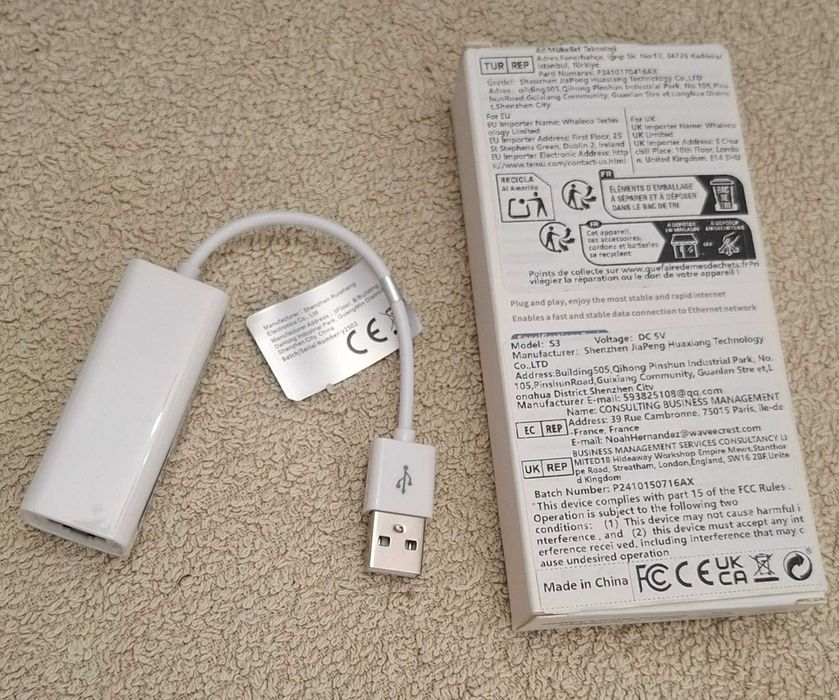 Cabo adaptador enet usb