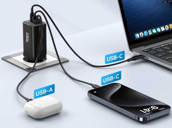 Ładowarka USB C 65W szybka 3-portowa z kablem ładującym