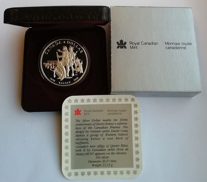Канада 1 долар 1990р. СРІБЛО. ПРУФ. Подорож Генрі Келсі. Сертифікат.