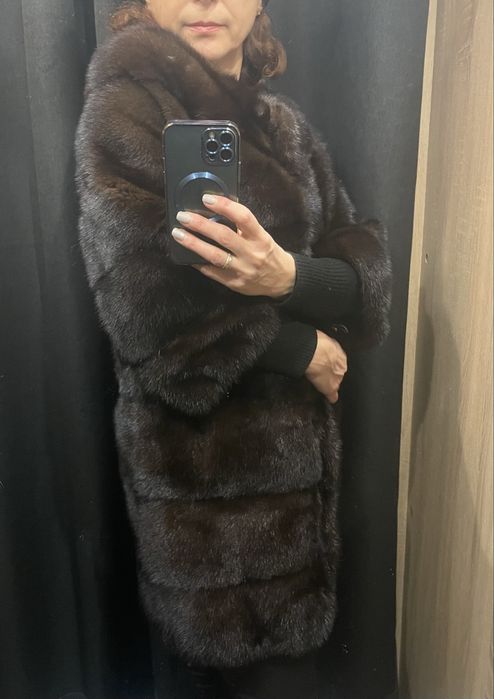 Елегантна норкова шуба темний шоколад комір шанель