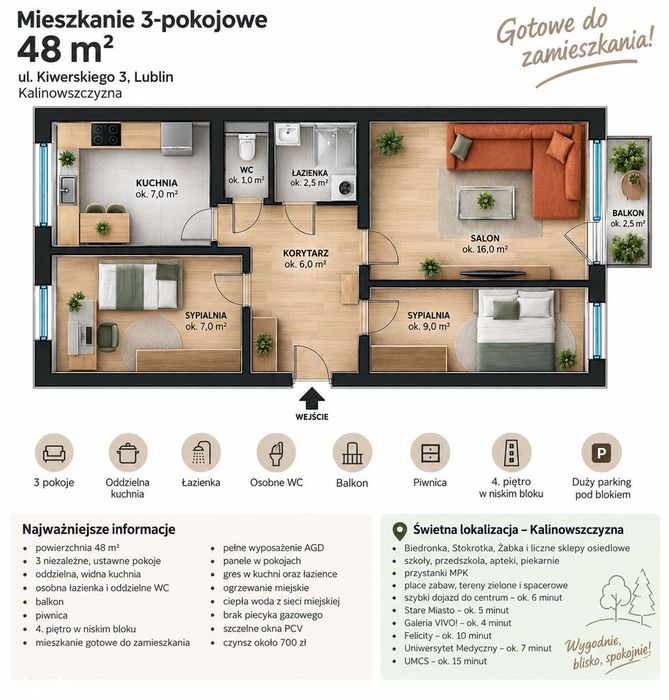 *3 pokoje | 48 m² | Gotowe do zamieszkania | Kalina | Blisko Centrum!