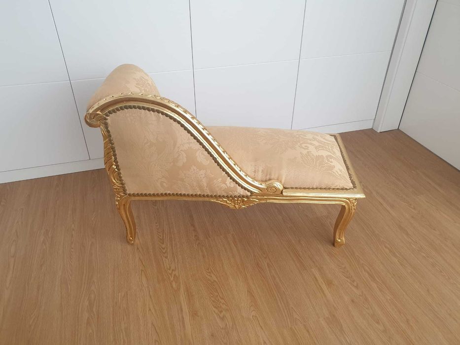 Banqueta Luís XV Francesa Folha de Ouro Tecido Adamascado Dourado