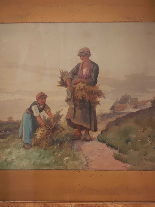 akwarala orginal sygn. XIX w A. Poisson  Zniwiarka - Matka z dzieckiem zbierajaca siano , na tle zabudowan wiejskich   1891