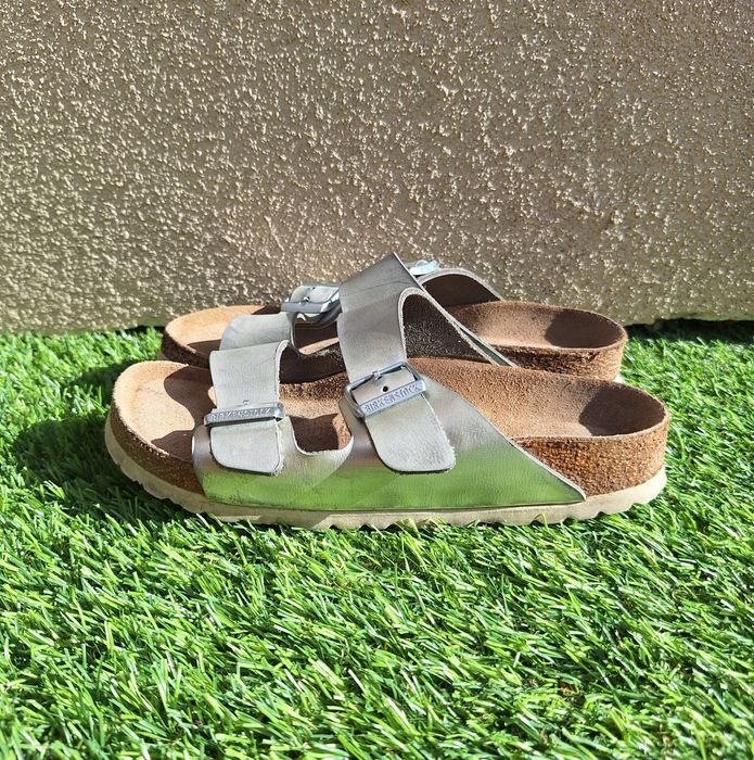 Birkenstock Arizona Metallic Silver - sandały / klapki skórzane