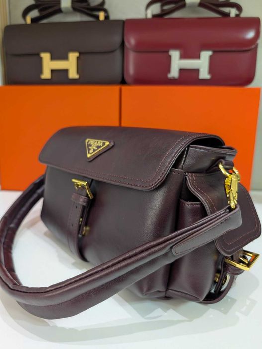 Сумка Prada з натуральної шкіри колір "шоколад+дуже спіла вишня" кожаная сумочка Прада