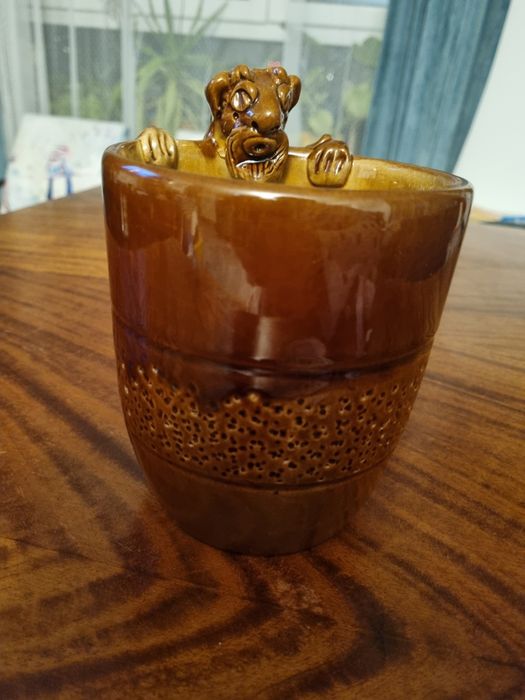 Vintage ceramiczny dzbanek kufel na piwo z diabłem uchwyt