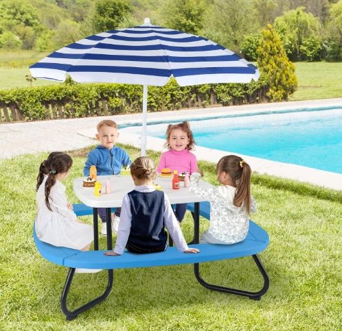Zestaw Piknikowy Dla Dzieci 8 Osób Stół + Parasol + 4 Ławki HDPE