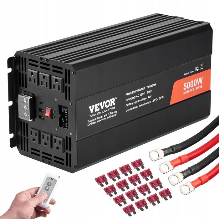 VEVOR falownik sinusoidalny 5000W 12V DC na 230V AC pilot aluminium