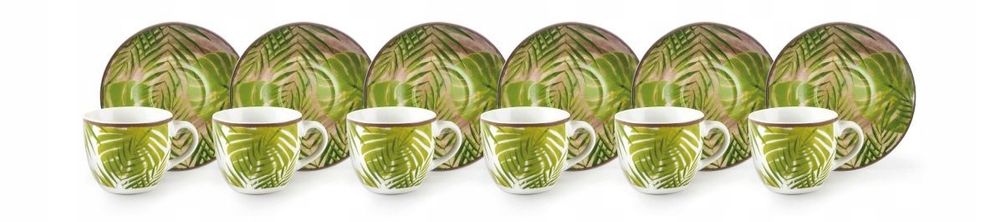 Zestaw 6 filiżanek ze spodkiem, liśćmi paproci, porcelaną, 90 ml