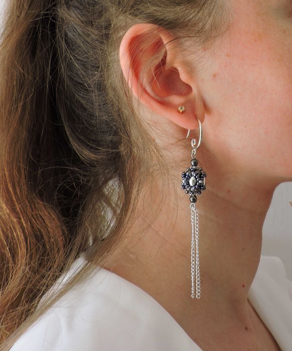 Сережки кульки з ланцюжком сріблясті довгі сережки ручна робота