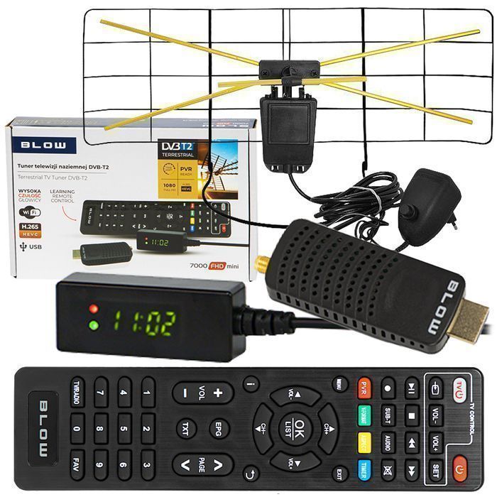 Tuner DVB-T2 BLOW 7000FHD MINI H.265 HEVC + antena pokojowa
