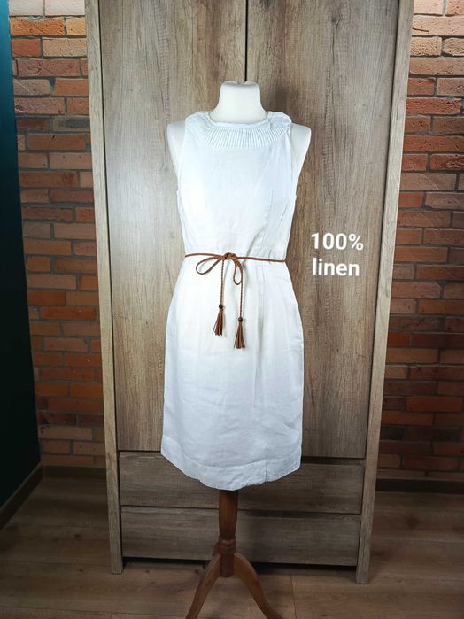 Basic lniana sukienka biała elegancka linen prosta klasyczna S 36