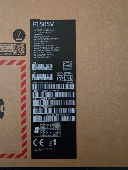 PC Portátil Asus Vivobook F1505V, Oled, I7, novo, fatura, garantia