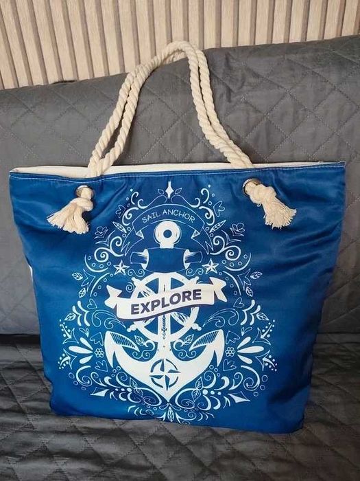 Duża torba shooperka letnia plażowa niebieska z kotwicą