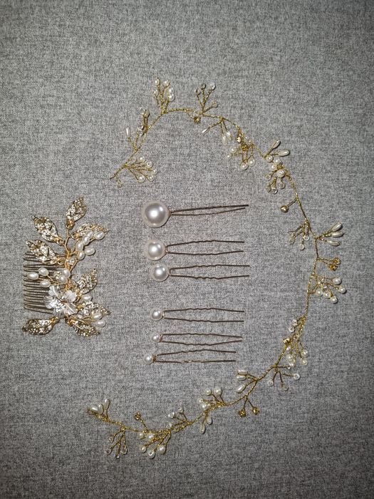 Złoty zestaw ozdób do włosów na wesele imprezę