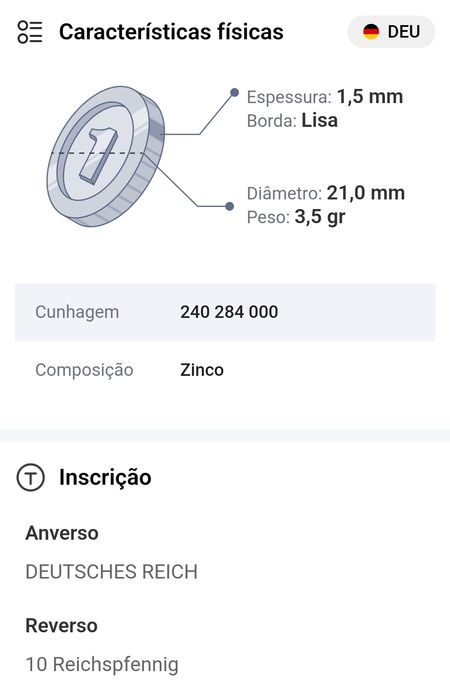 Moeda Alemã 10 Rethspfennfg