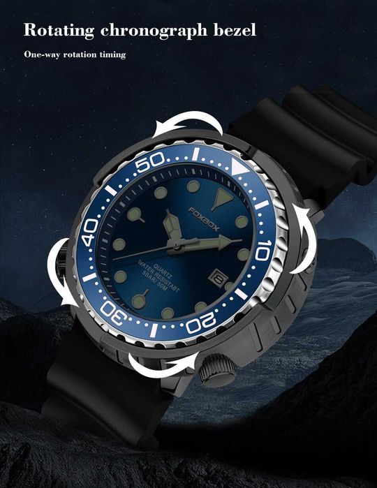 Zegarek styl nurka tuńczyk pasek silikonowy obrotowy bezel WR50 BOX