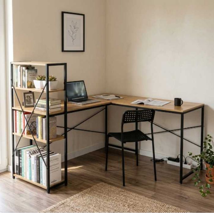 Nowe Biurko Gamingowe Narożne Z Regałem 4 Półki Loft Mdf Metal Gaming Akcesoria Jasny Dab Do Pokoju