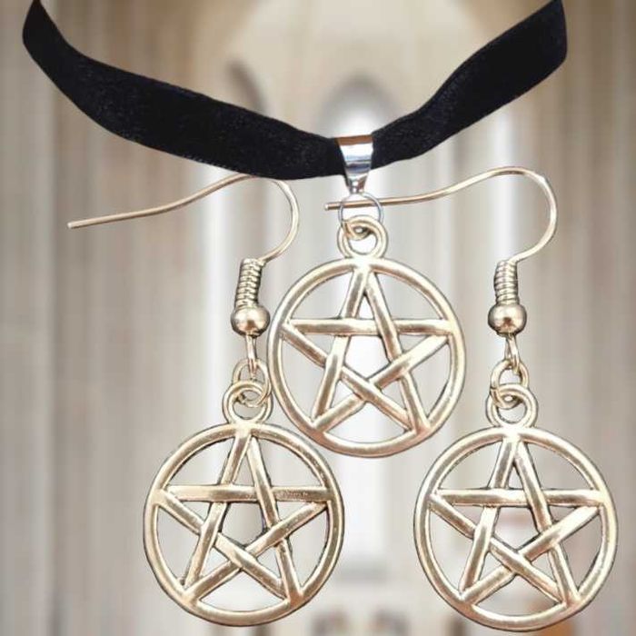Komplet choker czarna aksamitka kolczyki pentagram witch wicca gotycki