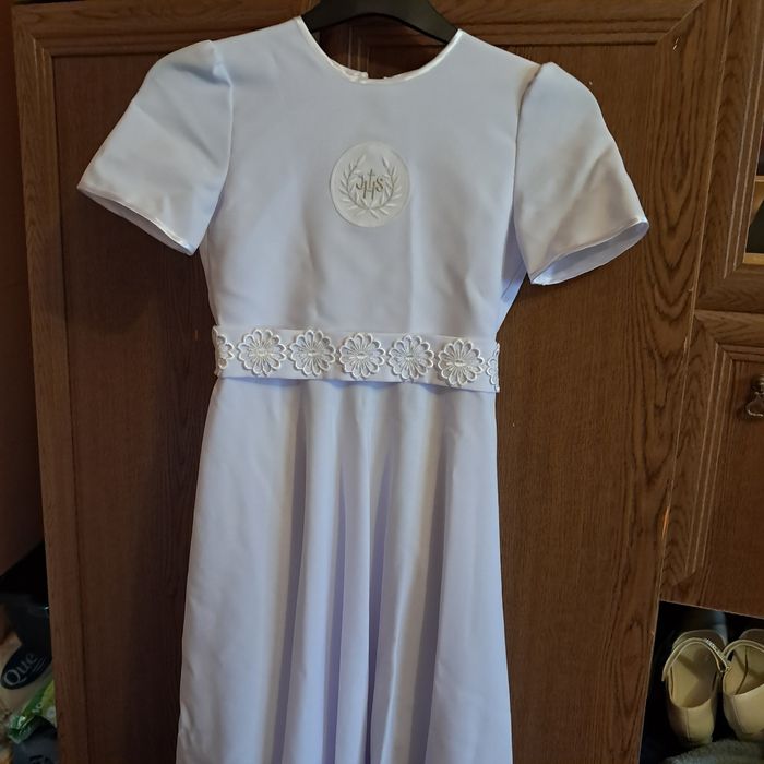 Sukienka komunia 146 152 zestaw wianek bolerko torebka komplet biały k